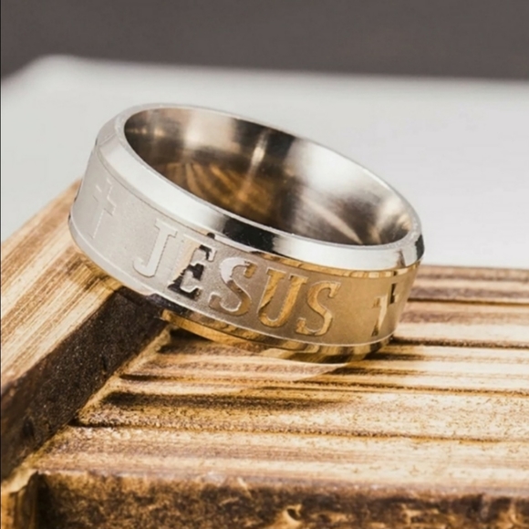 Silver Stainless Steel JESUS Insignia Emblem Embossed Engraved 8mm 8mm Band Ring - Picture 5 of 14